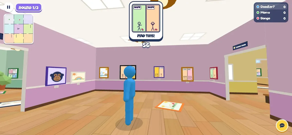 A player hunting for a picture in a Doodle Hunt gallery room