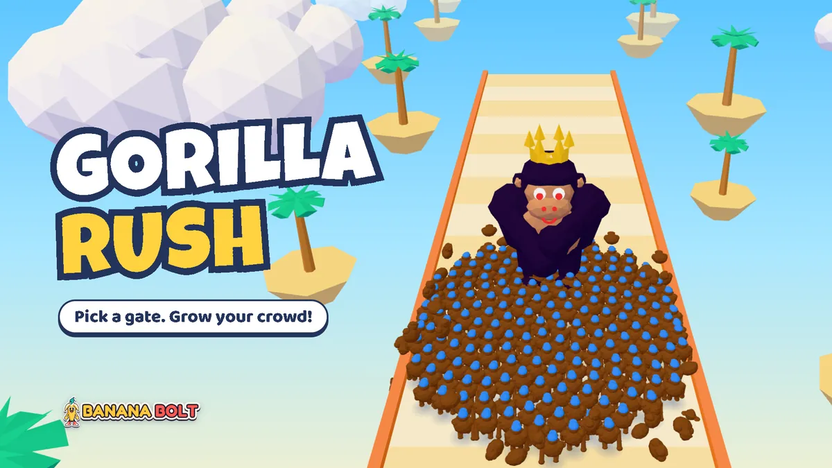 A huge crowd of gorillas running up a bridge in Gorilla Rush